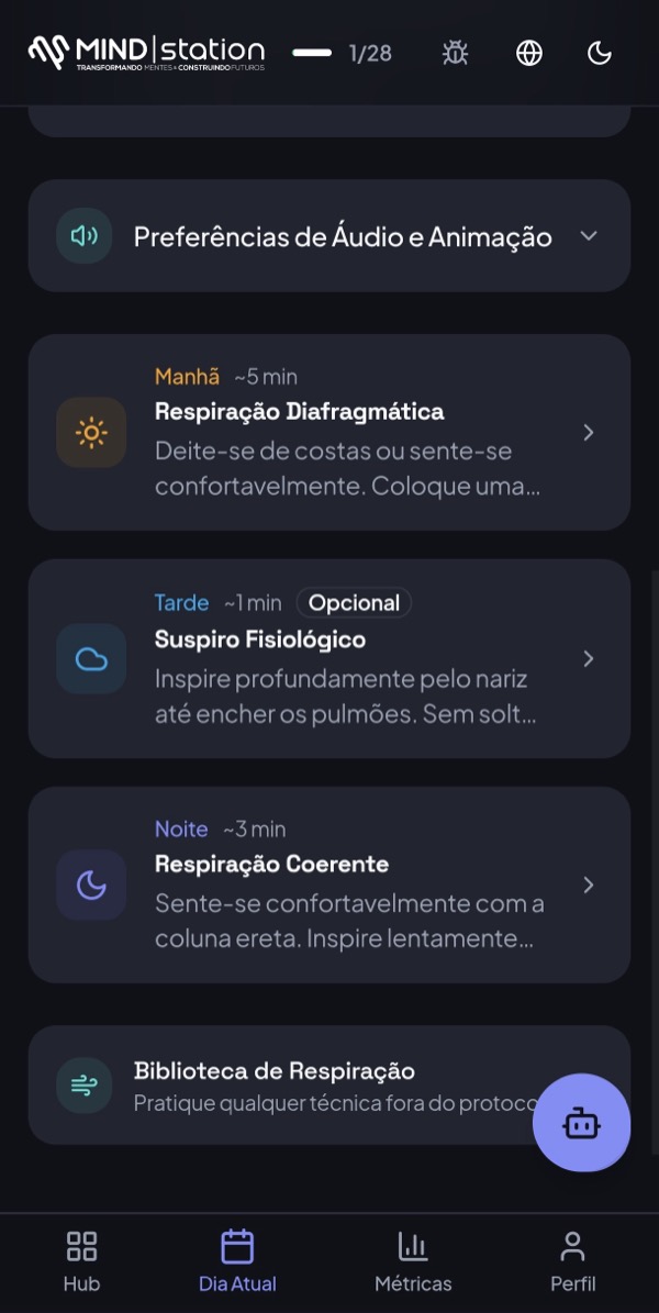 Tela do aplicativo com as respirações do dia