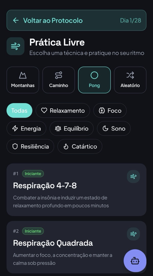 Tela do aplicativo com as respirações por categoria